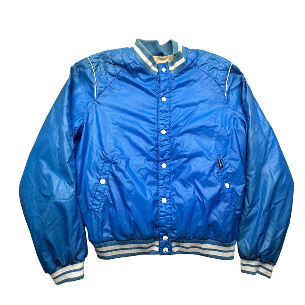 Vintage 80s Ketch Varsity Nylon Terry Lined Bomber Jacket Mens Large Blue Snap
